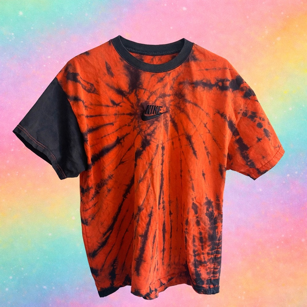 Nike Tie Dye T Shirt Black and Orange Embroidered Swoosh